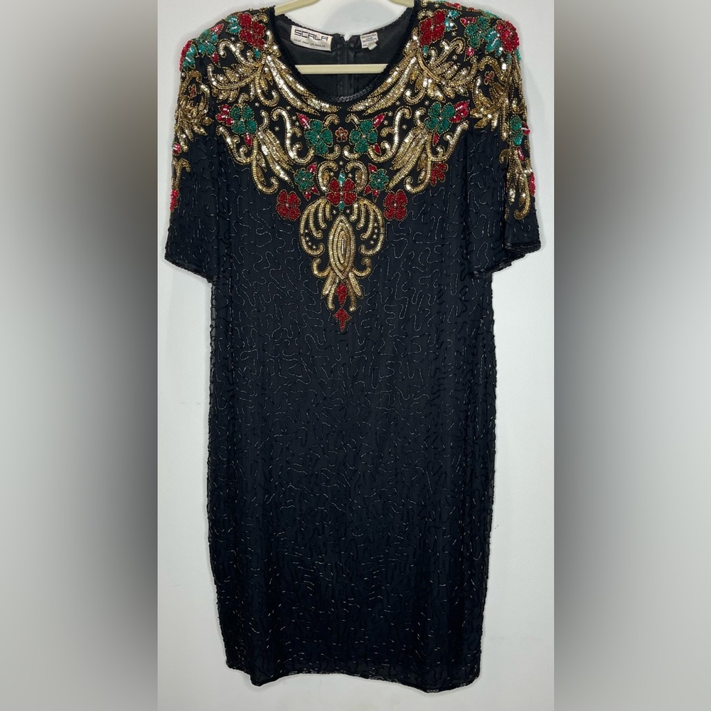 Scala Embellished Black Dress with Gold, Green and Red Accents